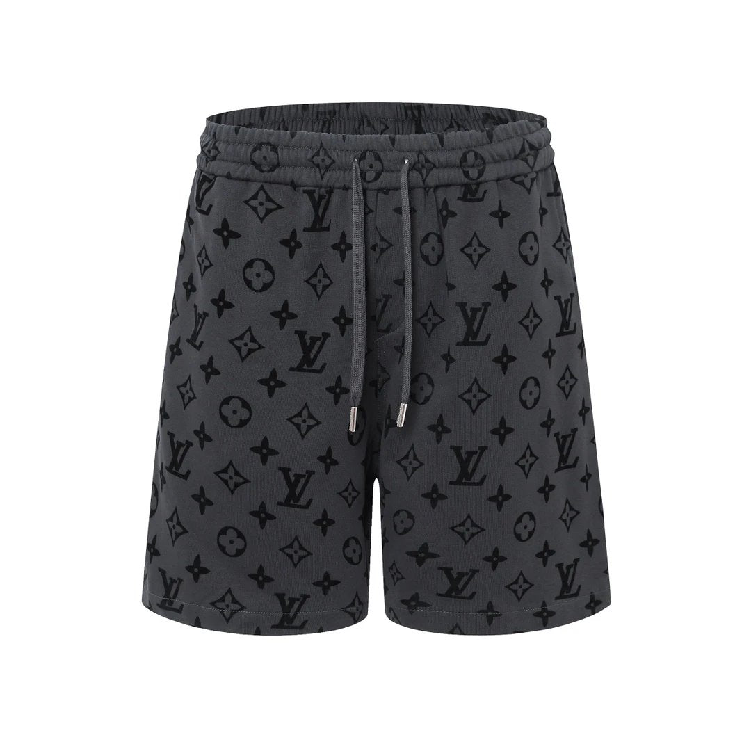 Louis Vuitton LV Shorts Full Logo Print logo Flocked Washed Back Pocket Logo Shorts Five-Point Drawstring Heavy American Casual Summer Pants5Two-in-One Casual Sweatpants for Men and Women