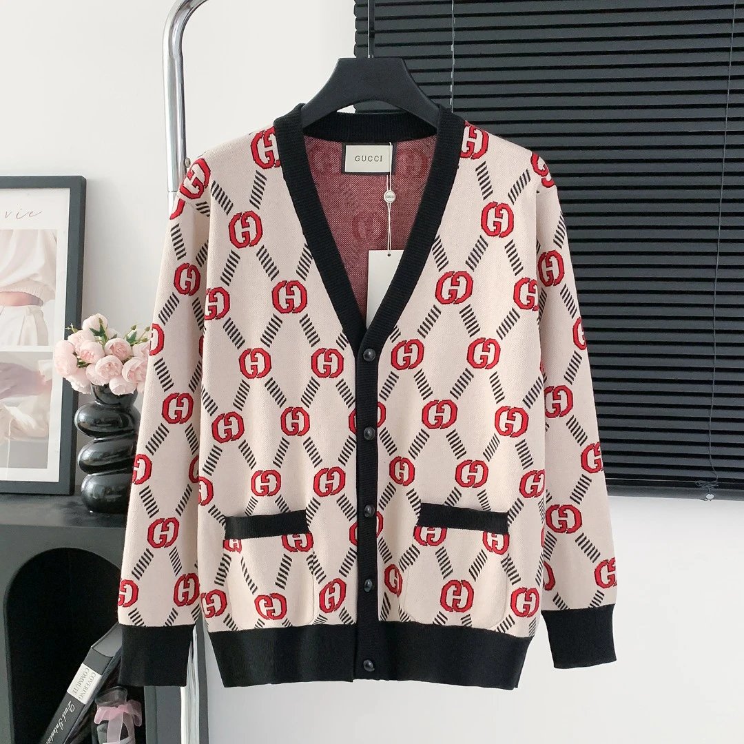Gucci Sweater Interlocking Double G Diagonal Stripes V Cardigan Sweater25ss Spring New Men's and Women's Same Style Long Sleeve Soft Lazy Style Jacket OS Loose Fit Versatile Casual