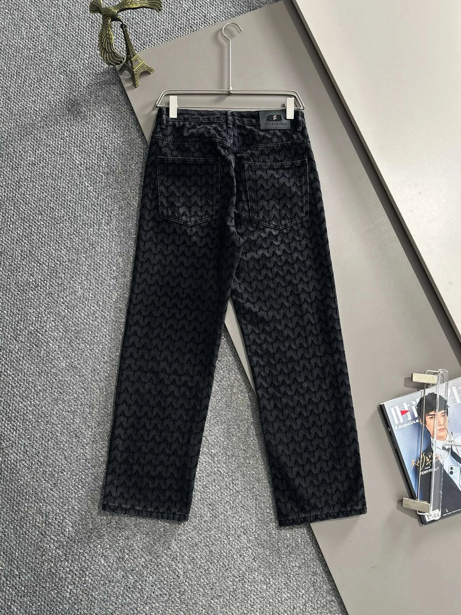 Balenciaga Jeans Double B Back Waist Leather Tag logo Straight Washed Blue Jeans Autumn Winter New Unisex Loose Casual Wide Leg High Waist Pants