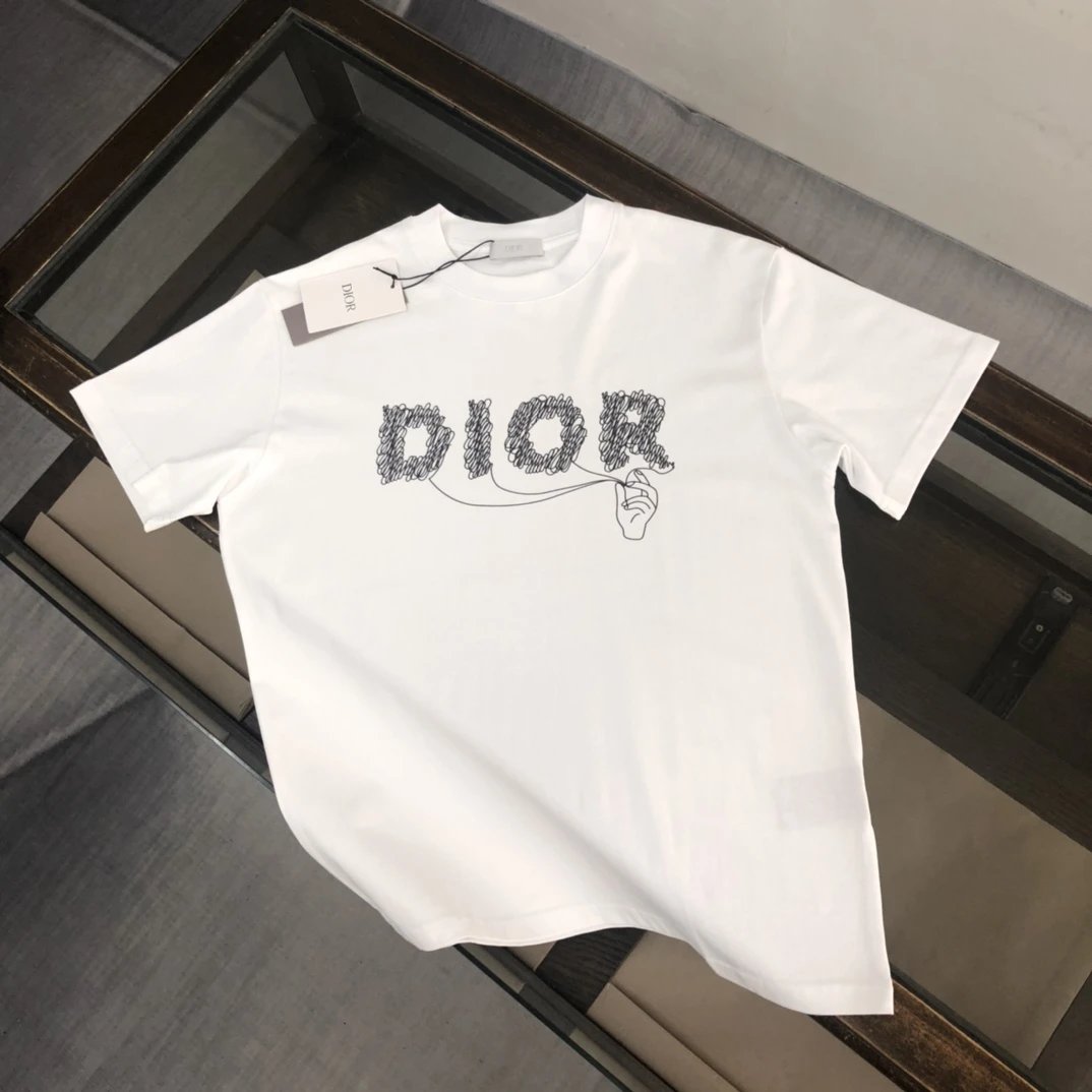 Dior T-shirt Chest Hand-Held Line Letter Print logo round Neck Short Sleeve25ss New pure cotton T Unisex T-Shirt OS Drop Shoulder Loose Fit Base Shirt Top T-Shirt Short Sleeve