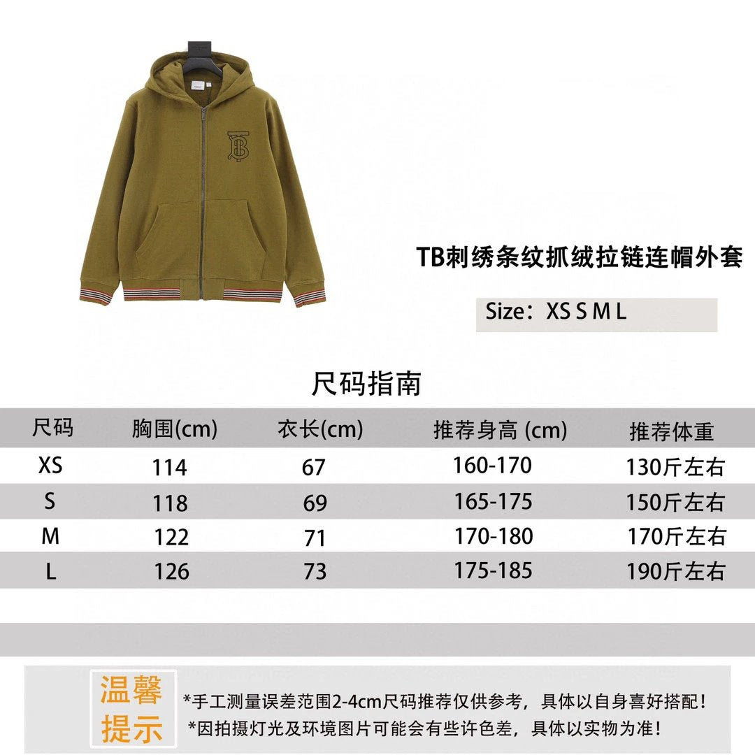 Burberry Jackets 24FwTB Embroidered Striped Fleece Zipper Hooded Jacket for Men and Women