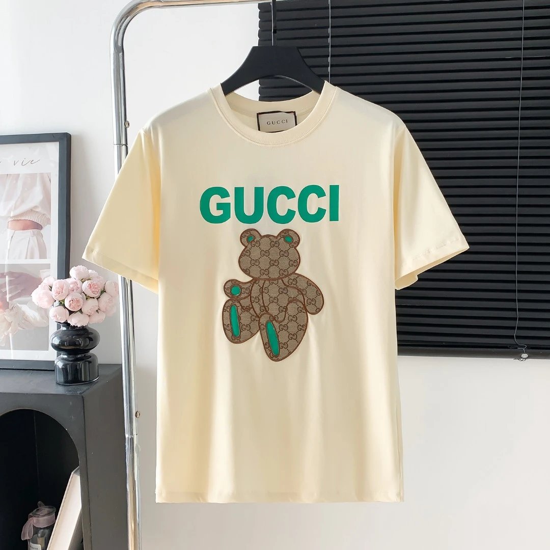 Gucci T-shirt Bear Patch Embroidery on Chest logo round Neck Short Sleeve25ss New Pure Cotton Unisex Style T T-shirt OS Loose Fit Base Shirt Half Sleeve T-Shirt Top Half Sleeve