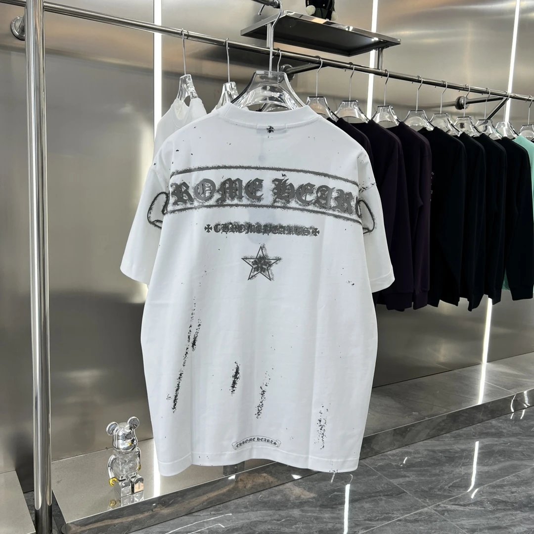 Chrome Hearts T-shirt 3D Silicone Horseshoe logo Round Neck Short Sleeve Pure Cotton Unisex T Shirt Bottoming Shirt OS Loose Fit T-Shirt