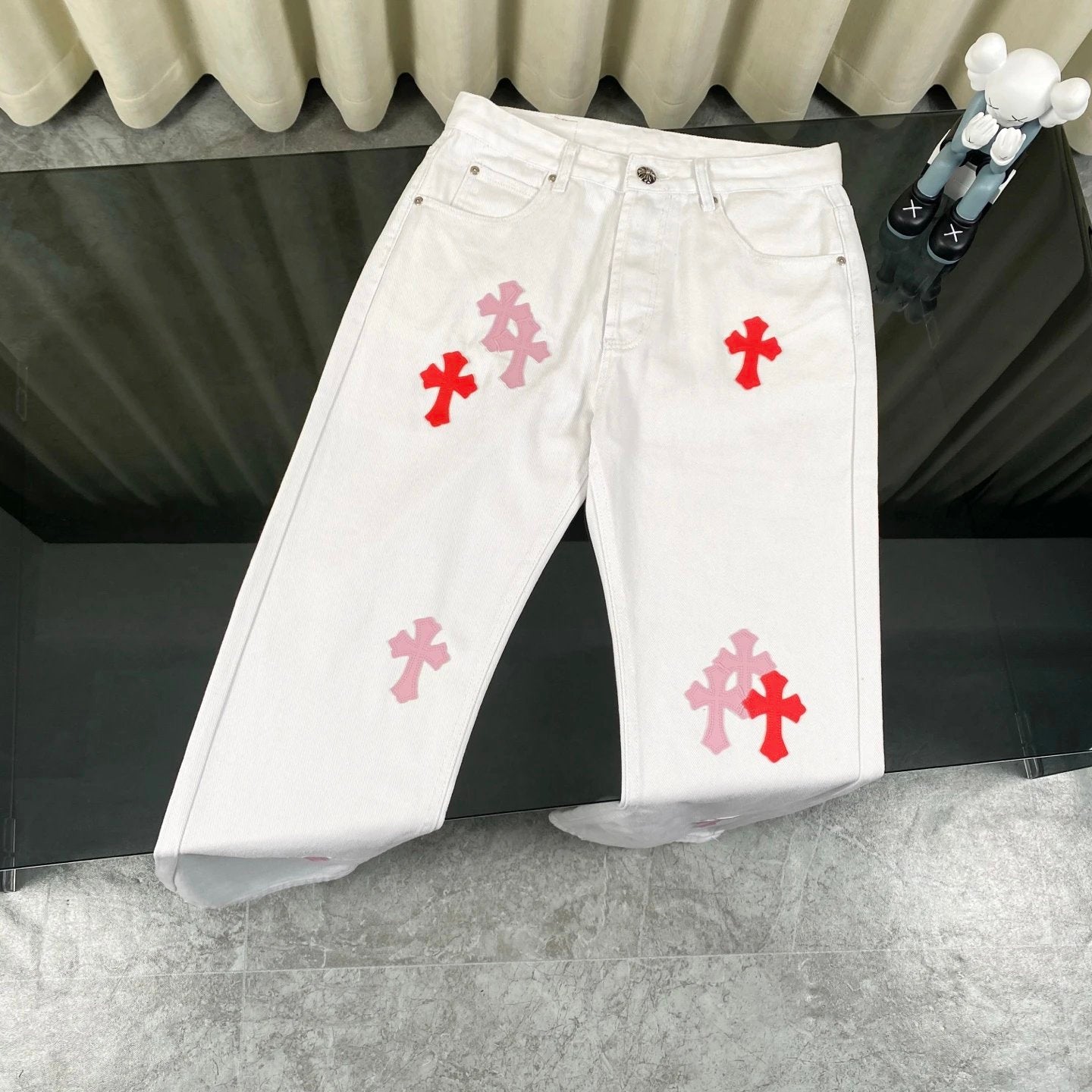 Chrome Hearts Jeans Front and Back Gradient Color Cross Leather Tag logo25ss Spring Summer New Straight Slim Fit Jeans Unisex Loose Fit Long Pants