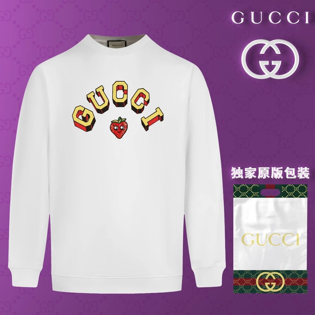 Gucci Hoodie Strawberry Cartoon Print logo Round Neck Sweatshirt Jacket Pullover Long Sleeve OS Loose Fit Base Shirt Top Unisex Sports Casual