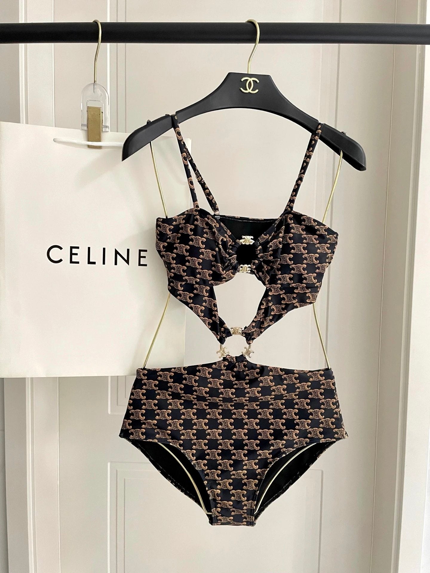 Celine Swimsuit Allover Jacquard logo Bikini One-Piece Swimsuit Sexy Backless White Small Chest Gathered Beach Pool Women's Swimwear Vacation Hot Spring
