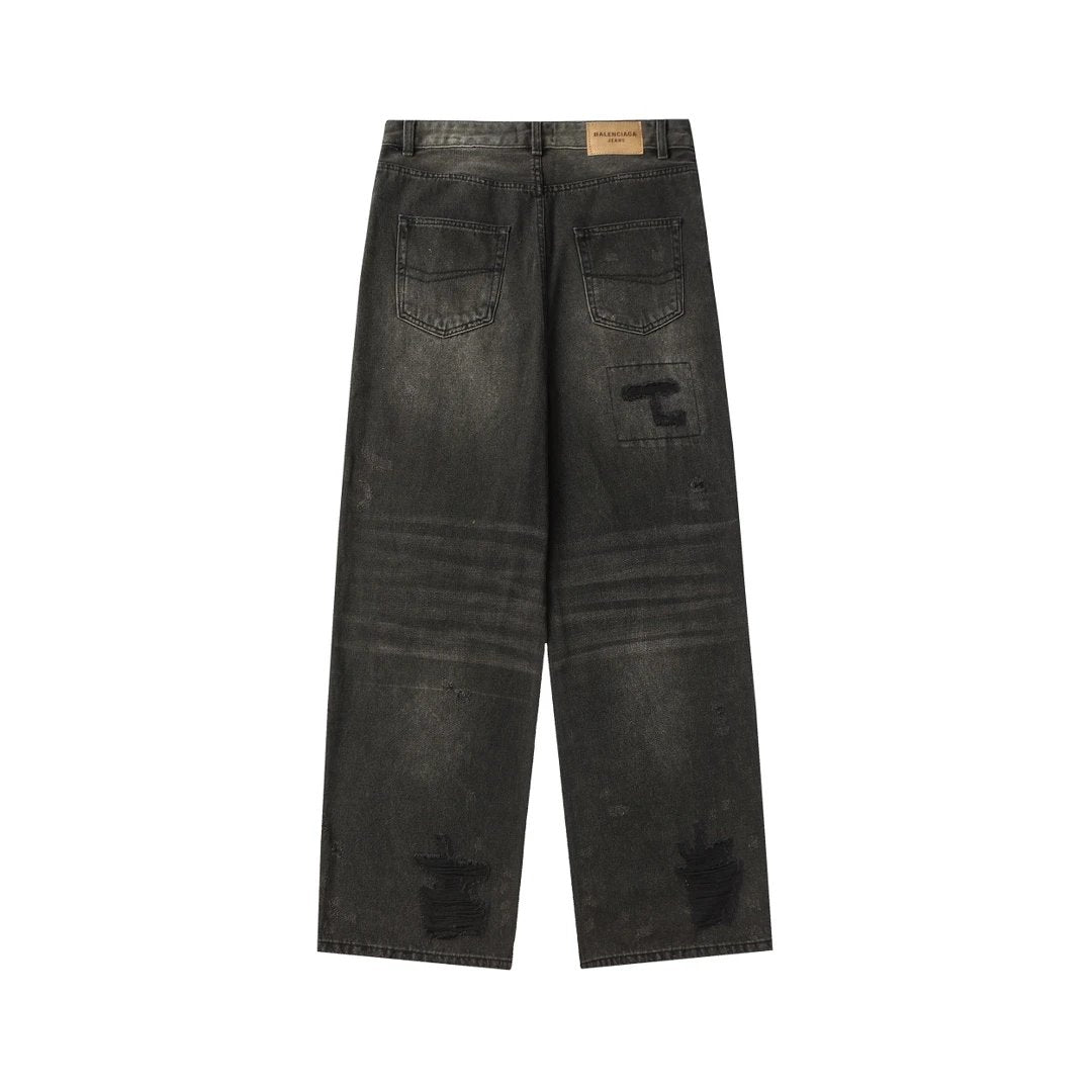 Balenciaga Jeans Pudding Dyed Dirty Denim Pants Casual Pants Straight Pants Wide-leg Pants High-waisted Pants Loose Long Pants Unisex24ss Autumn and Winter New Products