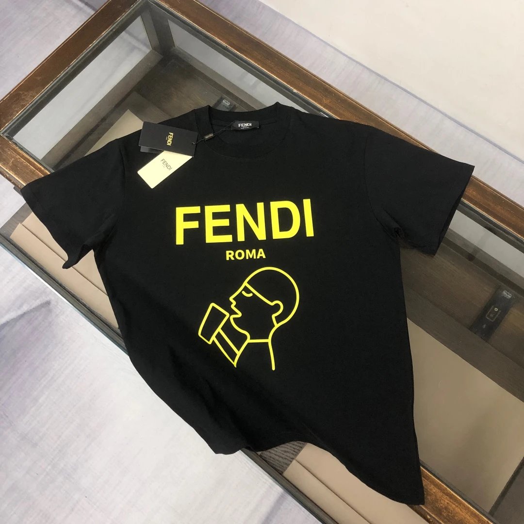 FENDI T-shirt Chest Front Portrait Letter Print logo round Neck Short Sleeve25ss New pure cotton T Unisex T-Shirt OS Drop Shoulder Loose Fit Base Shirt Top T-Shirt Short Sleeve
