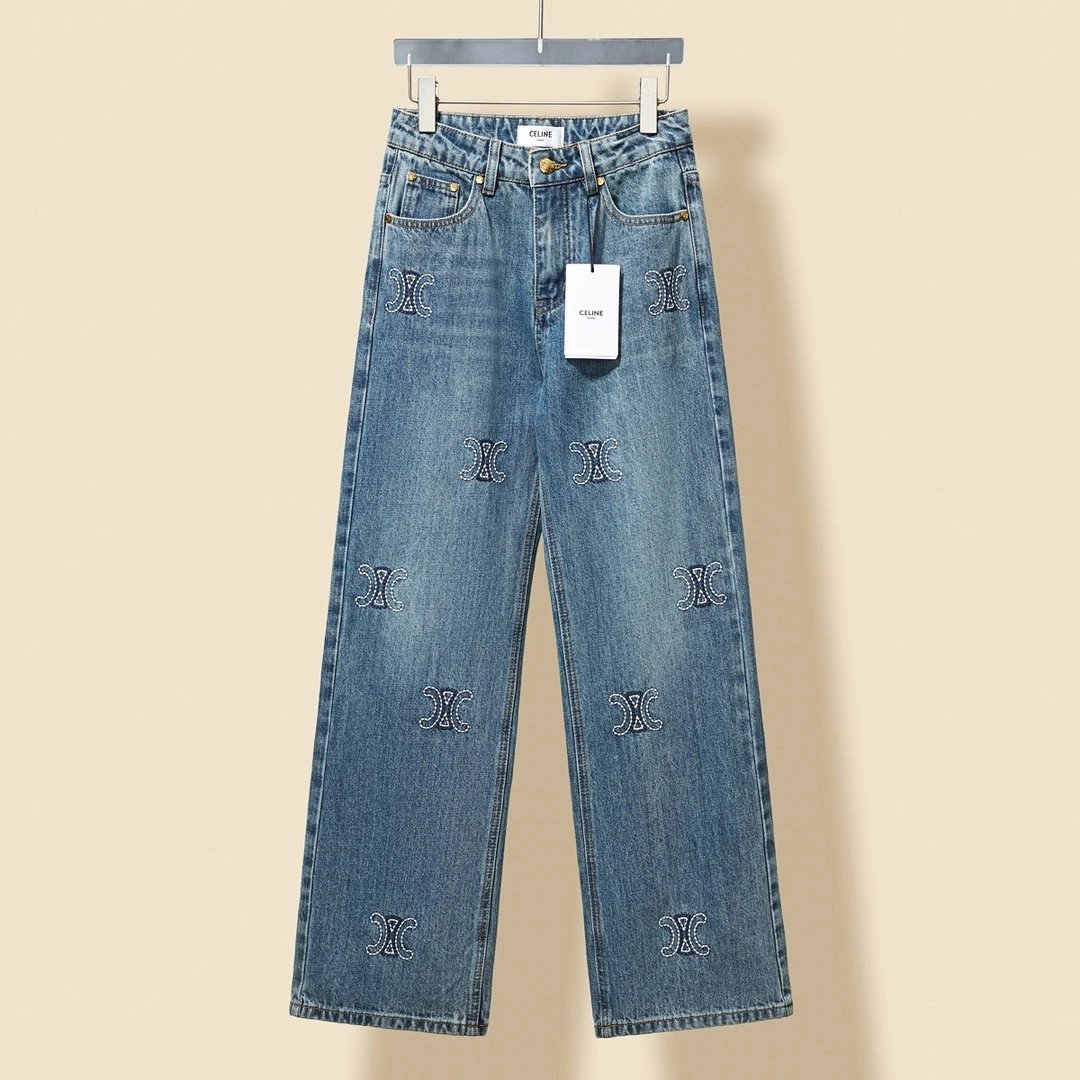 Celine Jeans Embroidered Denim Straight-Leg Pants for Women Versatile Casual