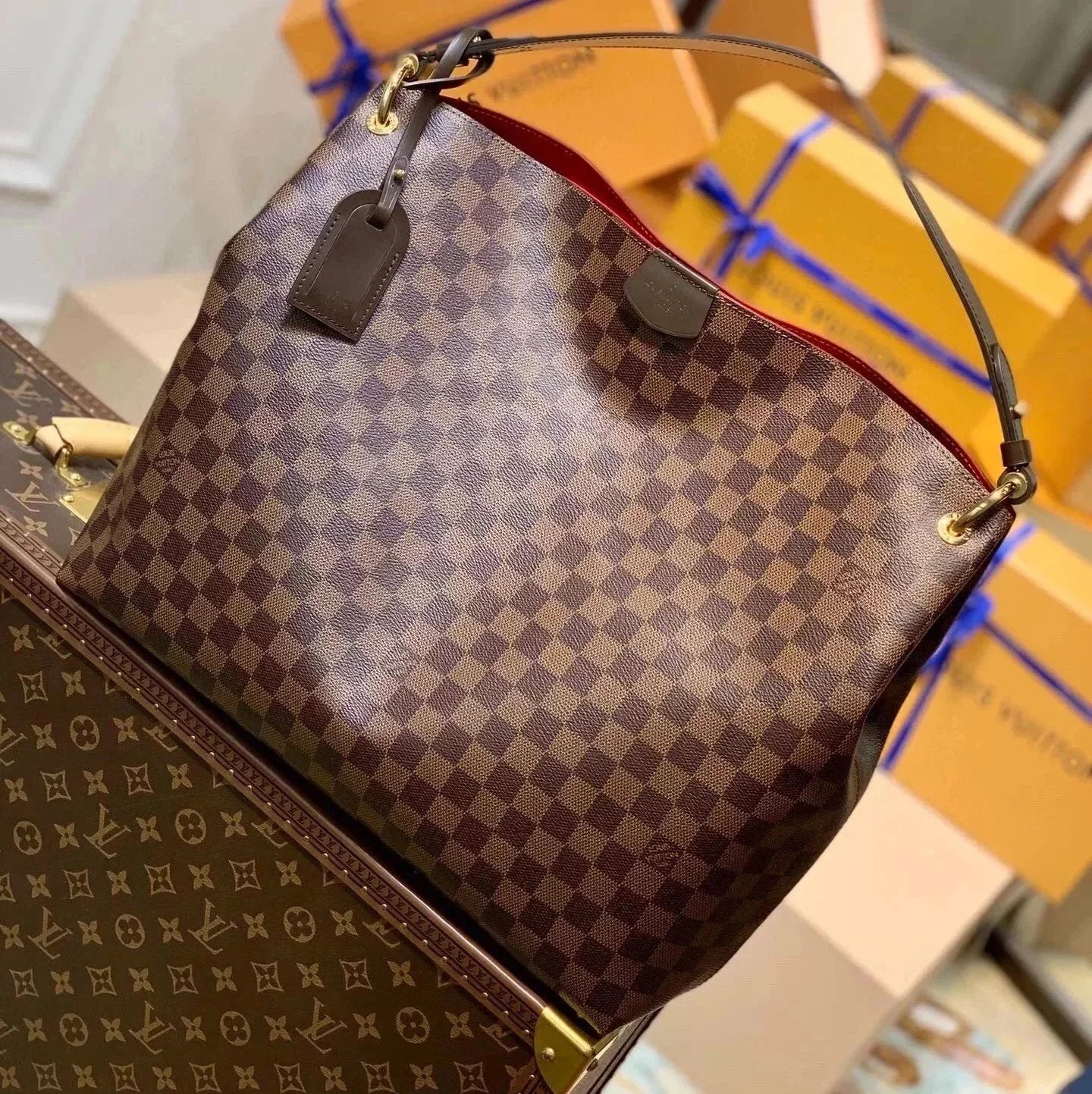 Louis Vuitton LV Women's Bag Top version Internet Hot Big Bag Presbyopic Women's Bag New Graceful Small Size Handbag Tote Bag Wide Shoulder Strap Handbag Shopping Bag Shoulder Bag Messenger Bag Mummy Bag M43700M43703