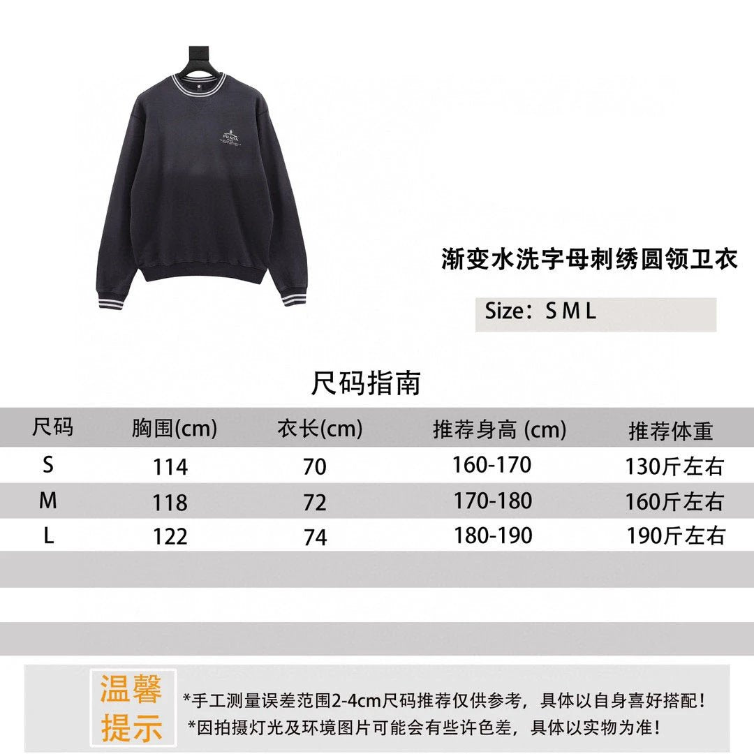 PRADA Hoodie Gradient Washed Letters Embroidered Crew Neck Sweater for Men and Women
