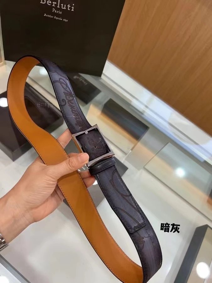 Berluti Belt Top version Original Single Men's New High-End Double-Sided Belt Waist Belt Pure Steel Rotating Pin Buckle Buckle Double-Sided Two-Color Totem Carving Carved Genuine Leather35mm Full Package Belt Men