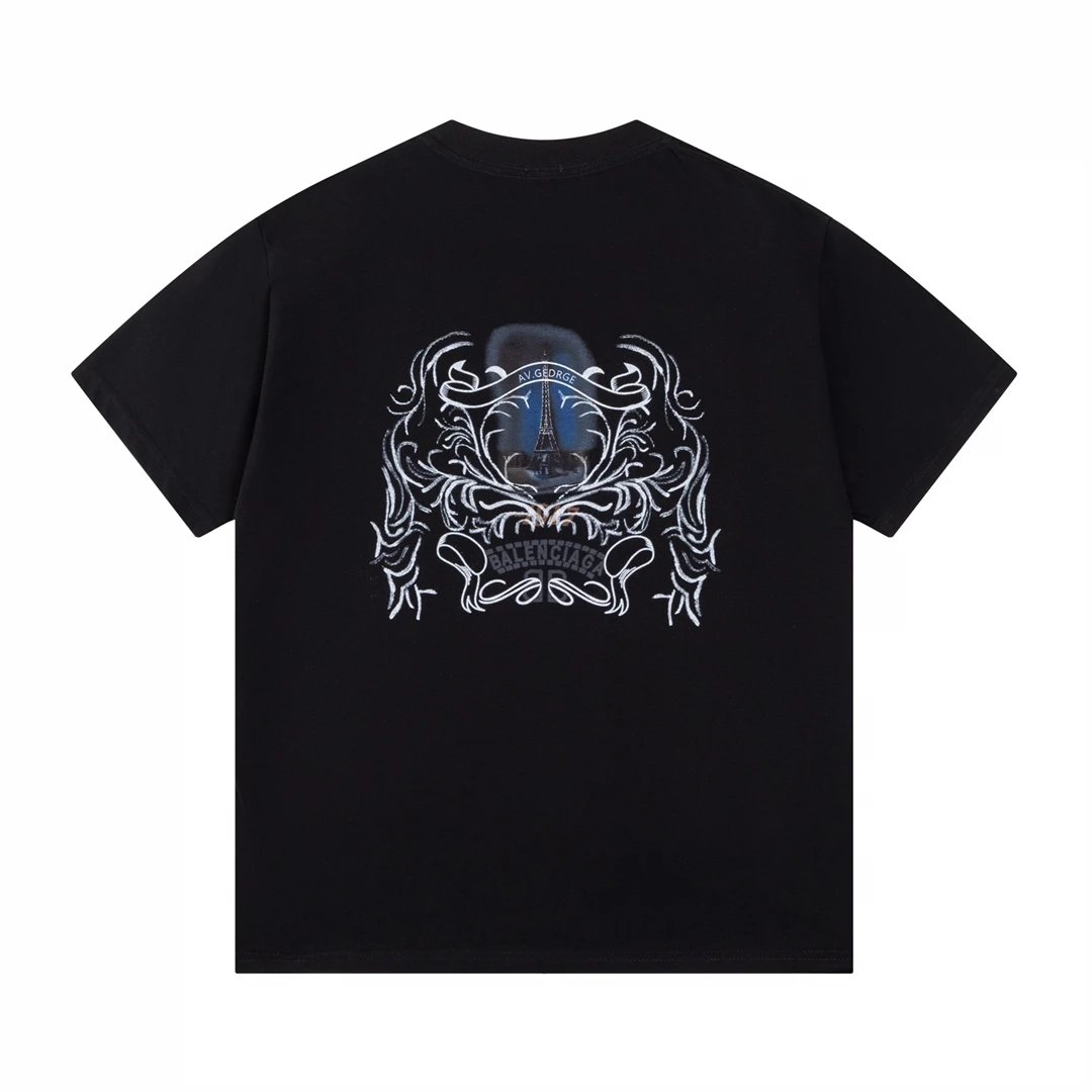 Balenciaga T-shirt Back with Paris Eiffel Tower Print logo round Neck Short Sleeve25ss New pure cotton T Unisex T-Shirt OS Drop Shoulder Loose Fit Base Shirt Top T-Shirt Short Sleeve