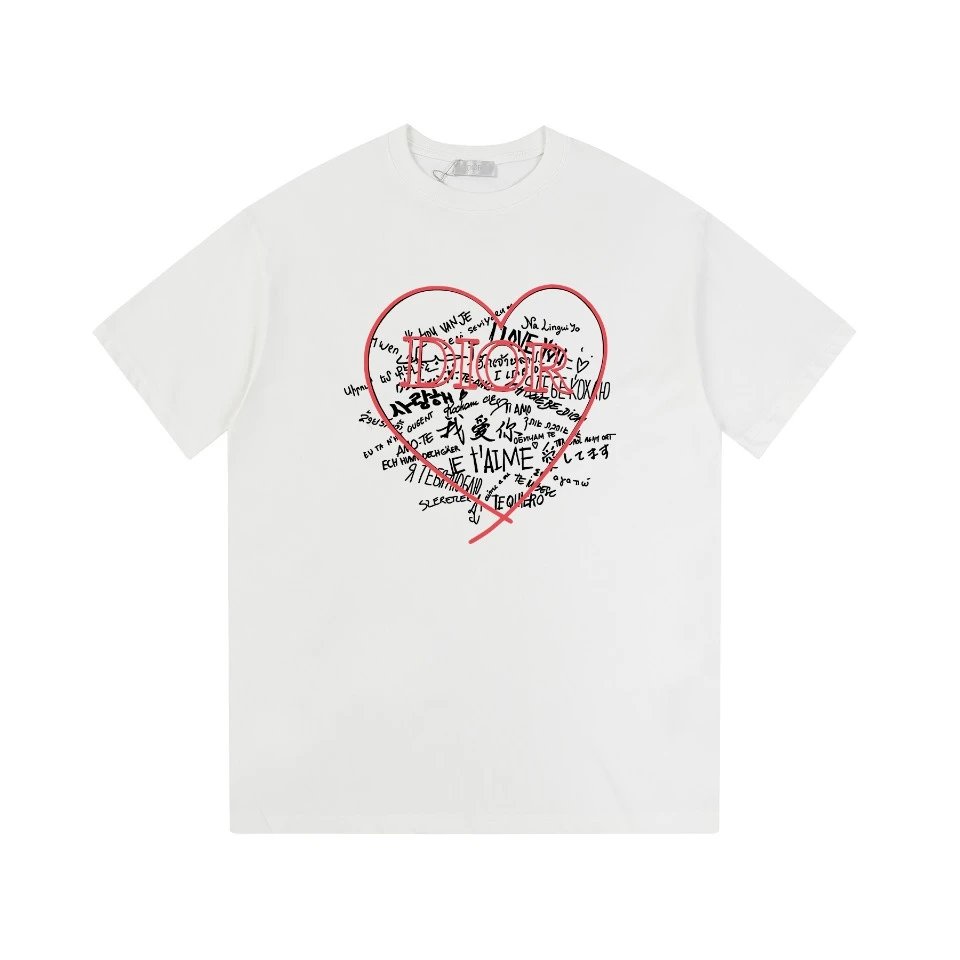 Dior T-shirt Front Color-Block Heart Print logo round Neck Short Sleeve25ss New pure cotton T Unisex T-Shirt OS Loose Fit Base Shirt Top Half Sleeve T-Shirt