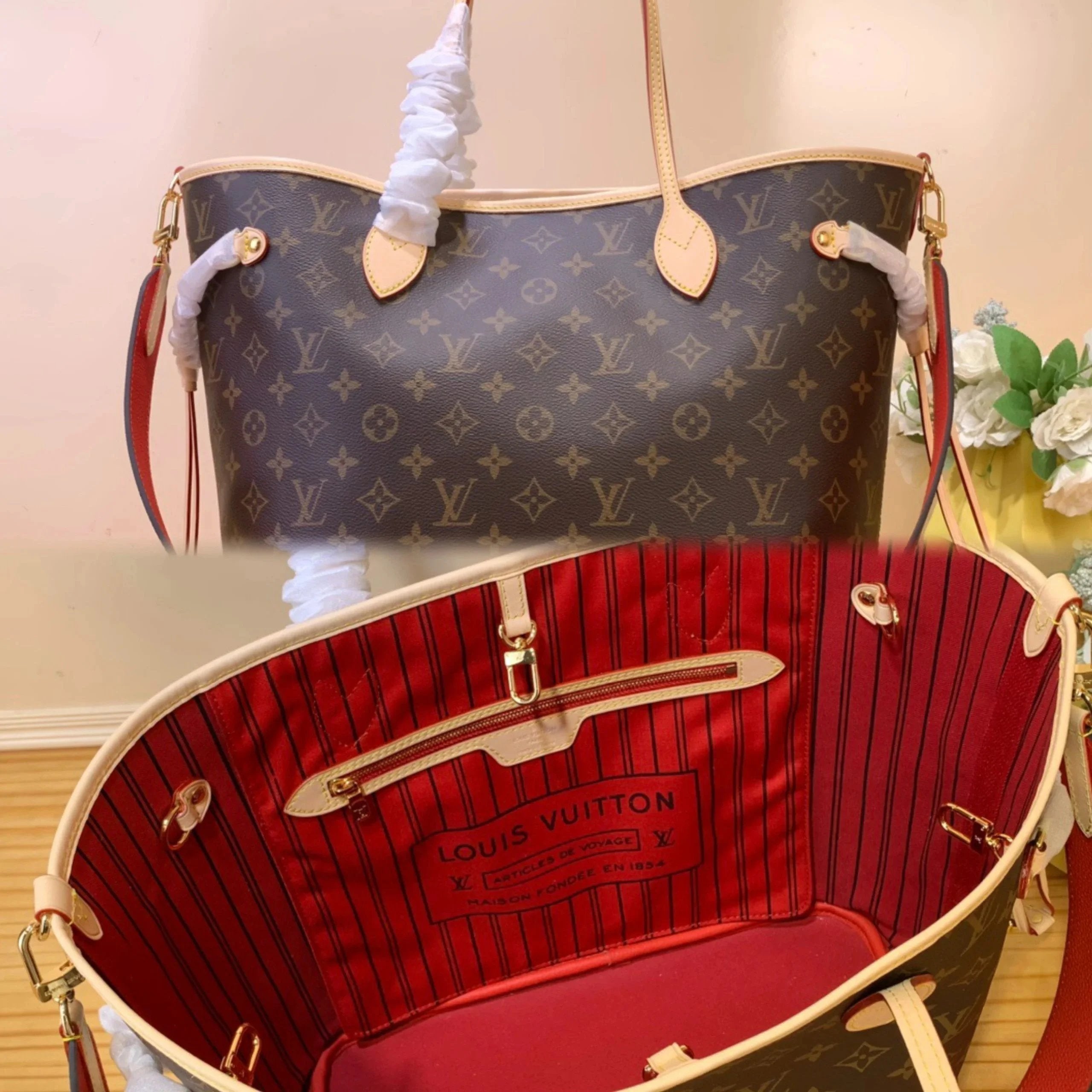 Louis Vuitton LV Women's Bag Top version 【NEVERFULLBANDOULIEREINSIDEOUT Medium Handbag】M12257Presbyopic/Rose Red M11947Presbyopic/Yellow M12096Presbyopic/Red(Double-Sided)Handbag Shoulder Bag Mummy Bag Shopping Bag Women's Bag