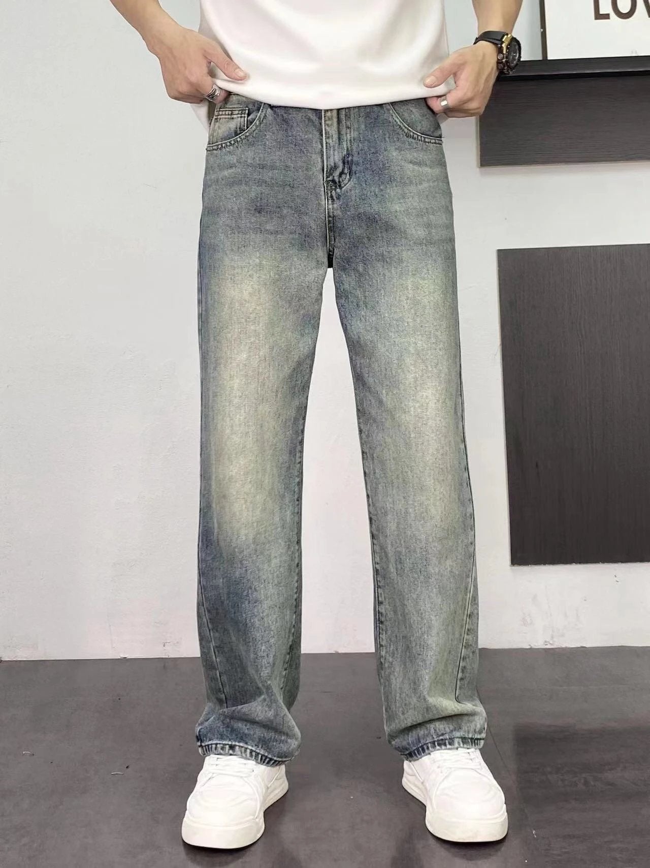 Dior Jeans Back Waist Leather Label Old Flower logo Straight Washed Blue Jeans Autumn Winter New Unisex Long Pants Loose Casual High Waist