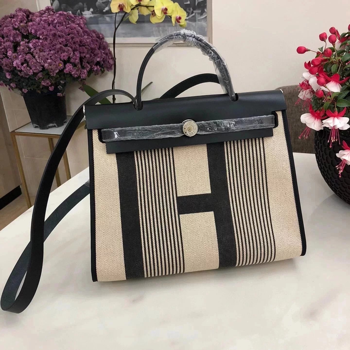 Hermes men's bag Top version 【H Handmade】Canvas Bag herbag31Canvas Stitching Leather One Shoulder Women's Crossbody Handbag Elephant Gray Electric Light Blue