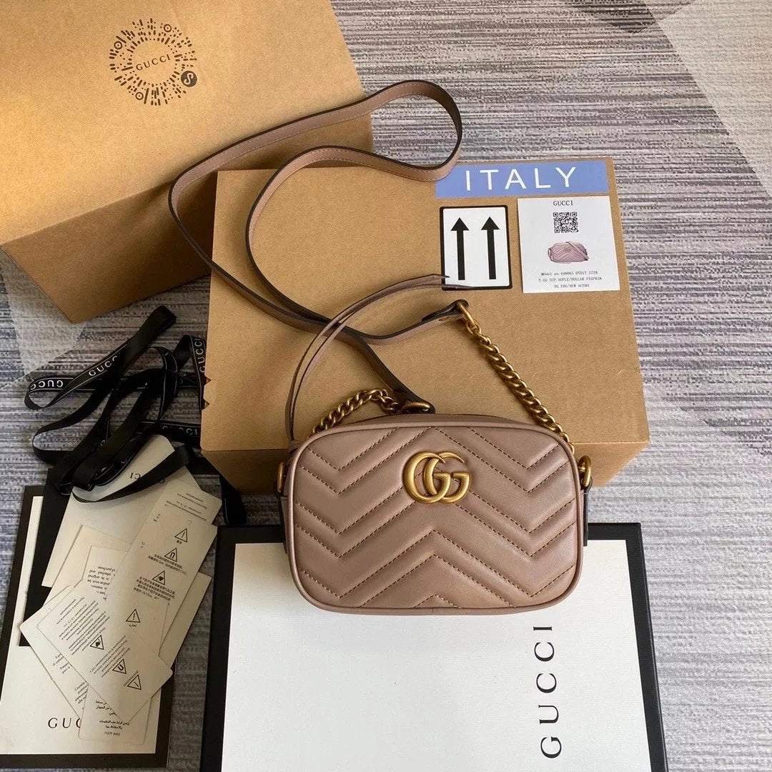 Gucci Women's Bag Top version 【 **Original Leather】Classic Ma Meng Camera Bag Marmont Series Camera Bag Crossbody Bag Large Small Size Size2023New Color Black Hardware Chain Shoulder Bag Large24cm Small Size18cm44763263493644806