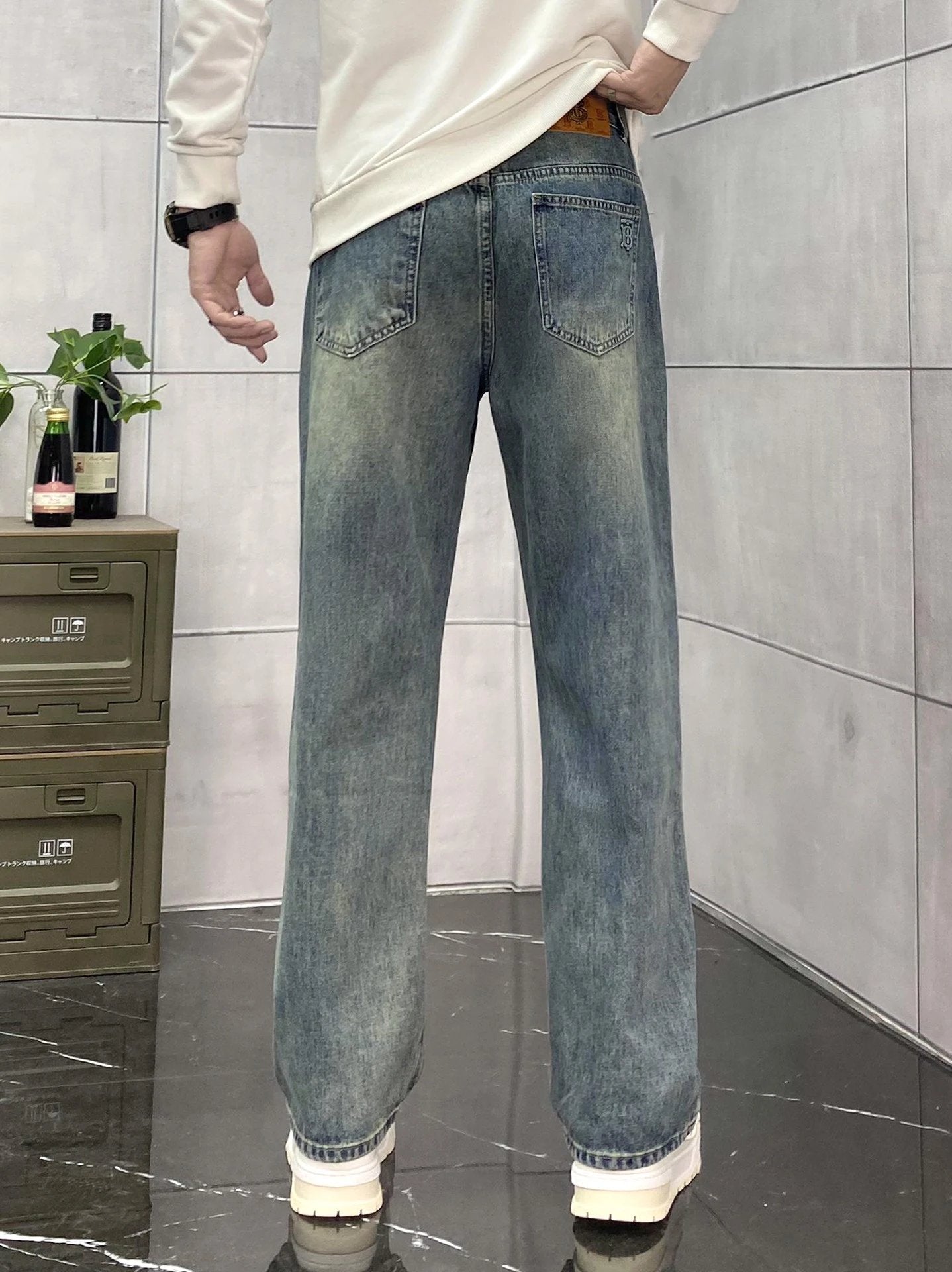 Burberry Jeans Double B Back Waist Leather Tag logo Straight Washed Blue Jeans Autumn Winter New Unisex Long Pants Loose Casual High Waist