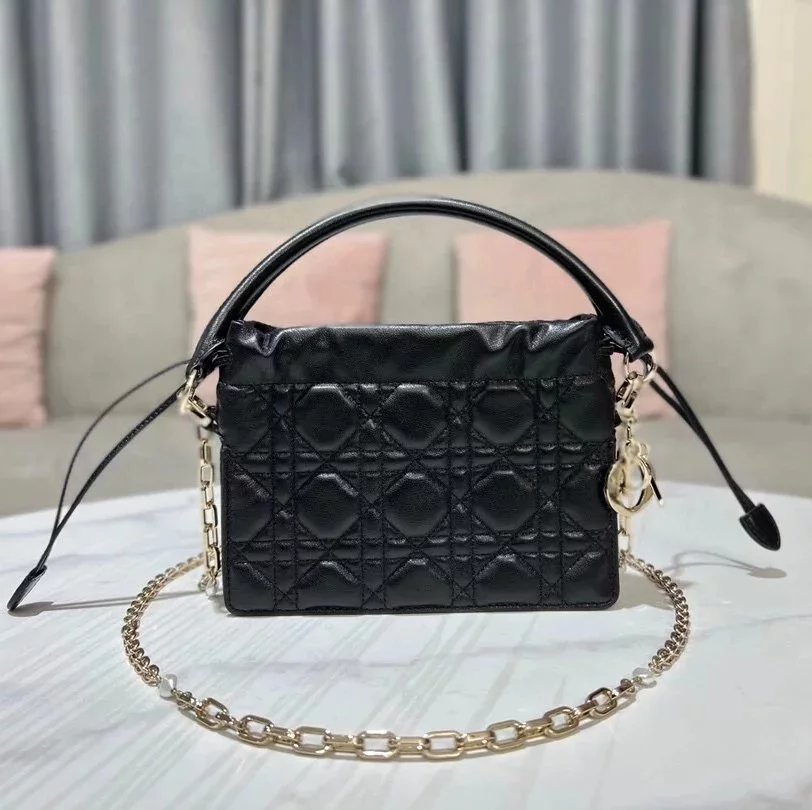 Dior Women's Bag Top version LADY Mini Handbag Women's Bag「Black」Elegant Retro Mini Handbags Are New This Season with Top Handle and Drawstring Bag Design,with Detachable Leather Handle,Removable Chain Embellished with Beading,Hand Or Crossbody.