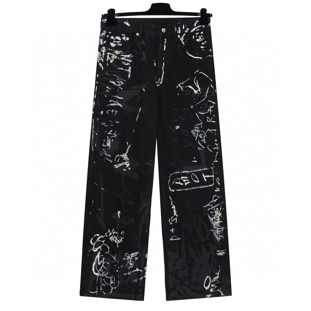 Balenciaga Jeans Hand-drawn Ink Splash Graffiti Print logo25ss Spring Summer New Straight Loose Jeans Unisex Slim Fit Long Pants
