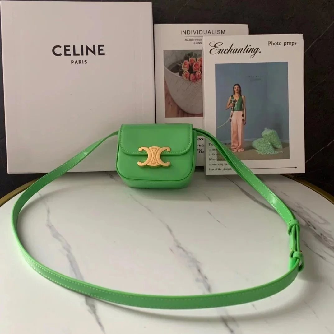 Celine women's bag Top version 【Kowloon Leather Original Leather】2022Spring New Super mini Triomphe Small Waste Bag11cmTriomphe Arc De Triomphe mini Earphone Bag Small Waste Bag2023New Color Cherry Blossom Pink New Women's Bag Shoulder Bag Messenger Bag S