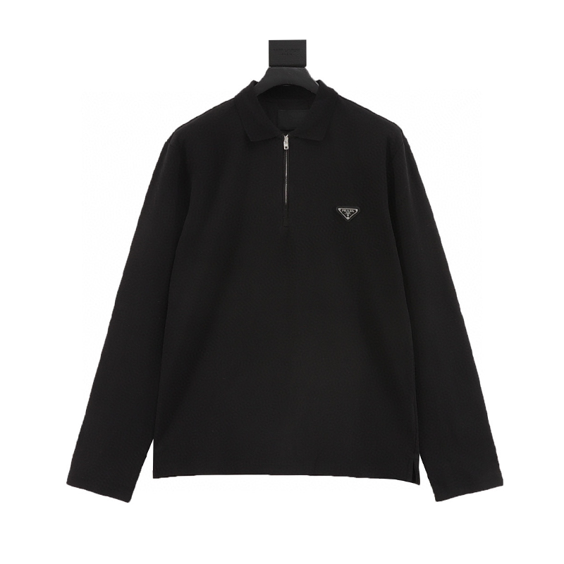 PRADA Hoodie Triangle Mark Long Sleeve Polo Shirt for Men and Women