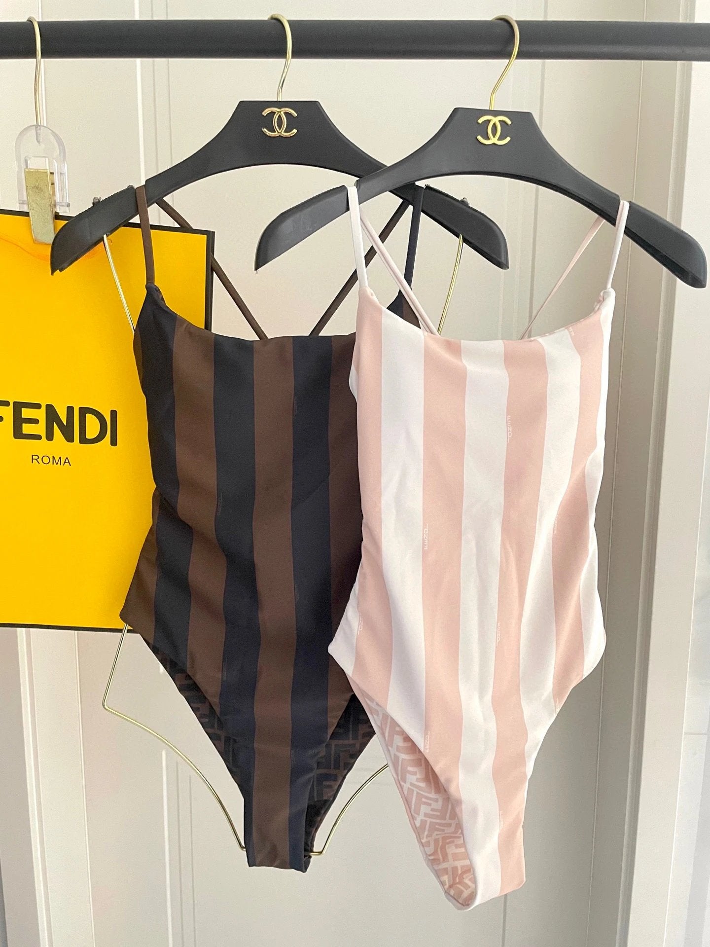 Fendi swimsuit Striped Patchwork Bikini One-Piece Swimsuit Sexy Small Chest Gathered Beach Pool Backless White Women's Swimwear Vacation Hot Spring