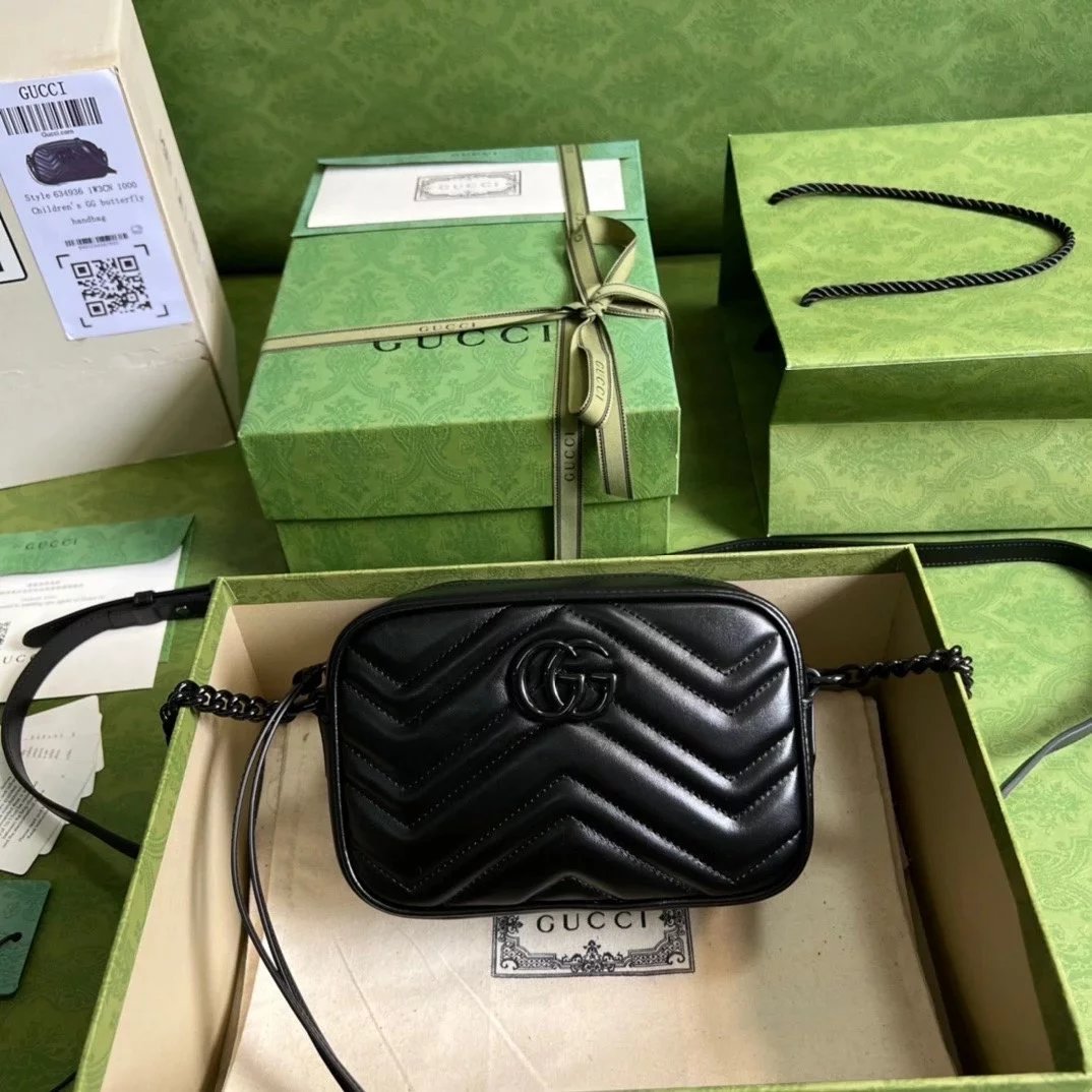 Gucci Women's Bag Top version 【 **Original Leather】Classic Ma Meng Camera Bag Marmont Series Camera Bag Crossbody Bag Large Small Size Size2023New Color Black Hardware Chain Shoulder Bag Large24cm Small Size18cm44763263493644806
