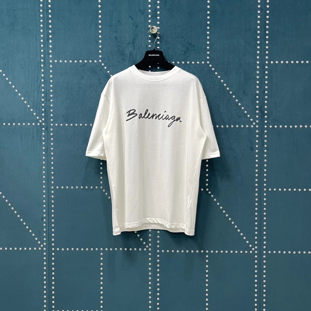 Balenciaga T-shirt Chest Signature Letter Print logo round Neck Short Sleeve25ss New Pure Cotton Unisex Style T T-shirt OS Loose Fit Base Shirt Top Half Sleeve T-Shirt
