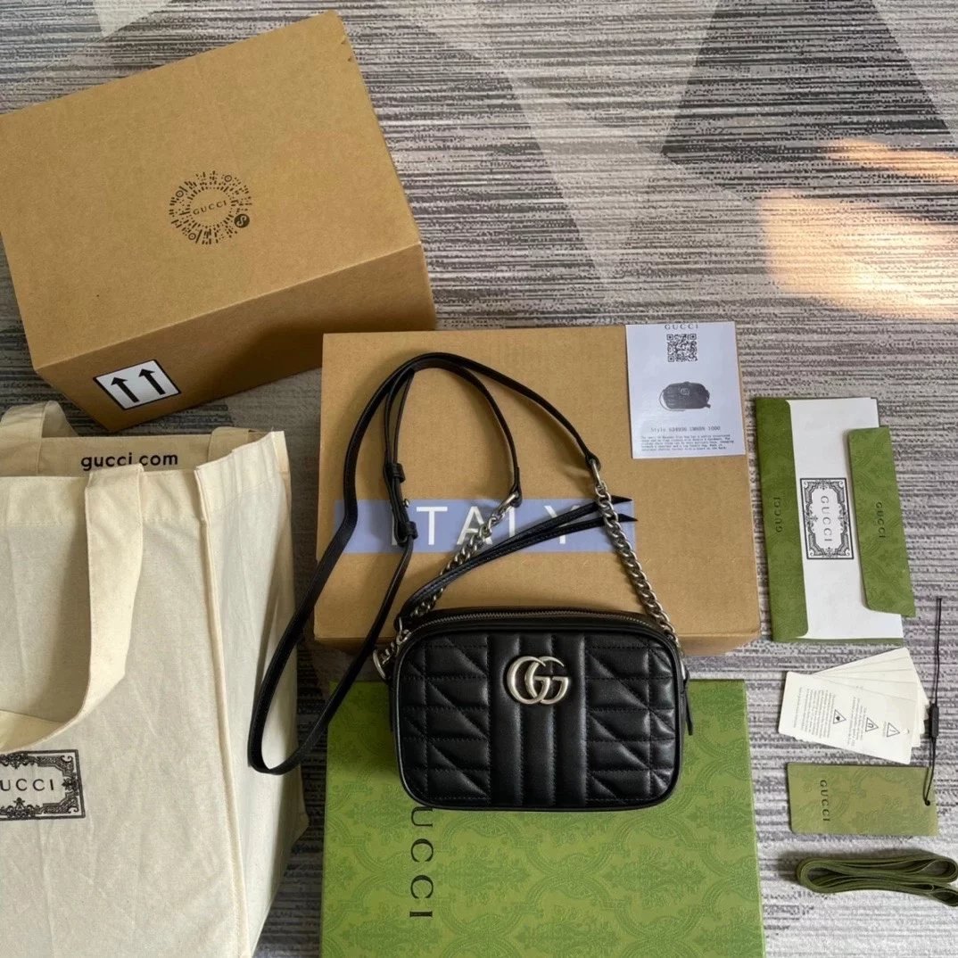 Gucci Women's Bag Top version 【 **Original Leather】Classic Ma Meng Camera Bag Marmont Series Camera Bag Crossbody Bag Large Small Size Size2023New Color Black Hardware Chain Shoulder Bag Large24cm Small Size18cm44763263493644806