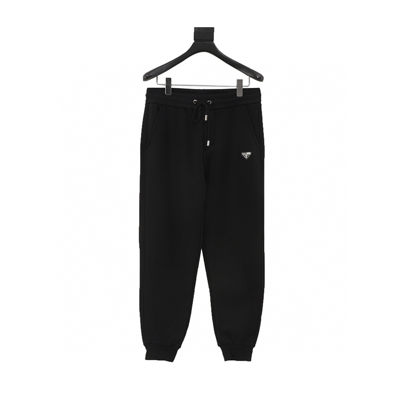 PRADA Sweatpants Metal Triangle Mark and Back Pocket Leather Disc Fleece-lined Trousers for Men and Women