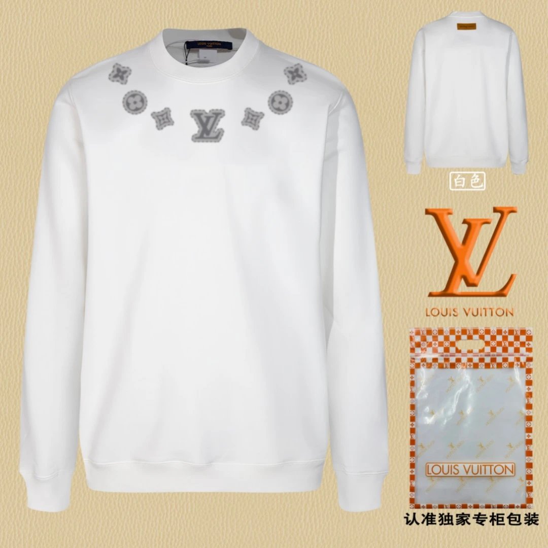 Louis Vuitton LV Hoodie Gray and white print logo Round Neck Sweatshirt Jacket Pullover Long Sleeve OS Unisex Loose Fit Base Shirt Top Sports Casual
