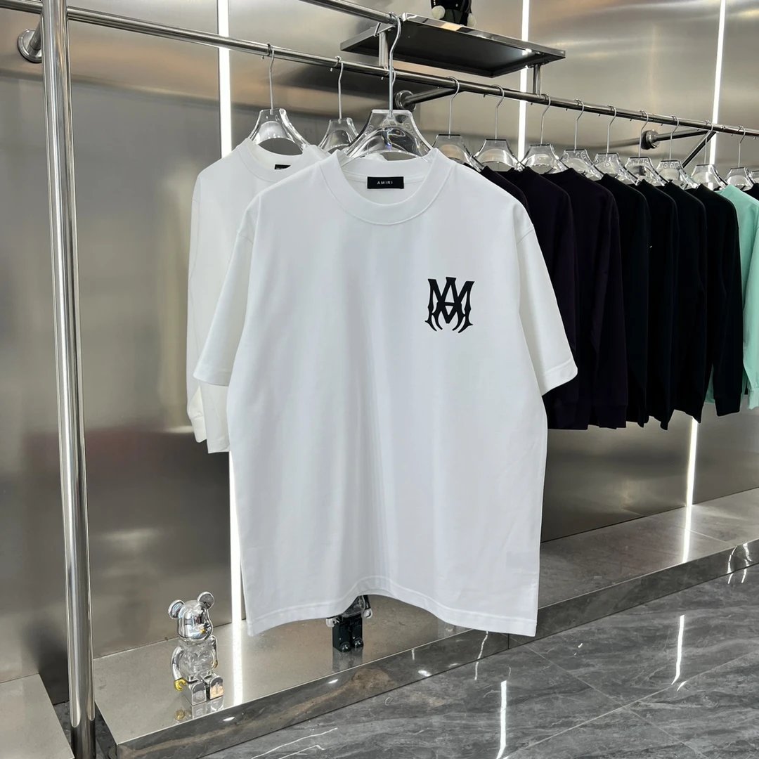 Amiri T-shirt Printing logo Round Neck Short Sleeve Pure Cotton Unisex T Shirt Bottoming Shirt OS Loose Fit T-Shirt