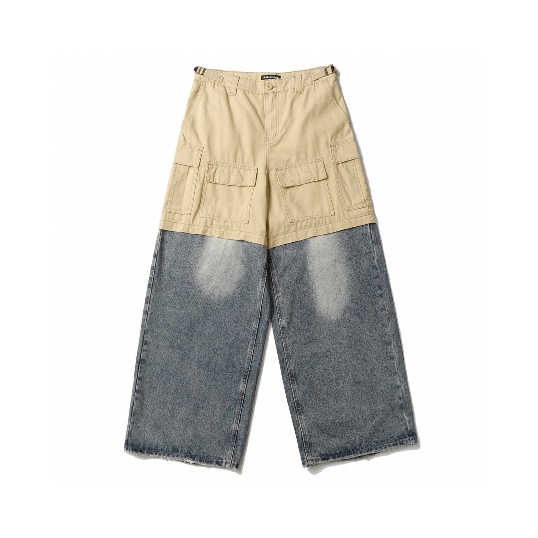 Balenciaga Jeans Special Plaid Patchwork Jeans Casual Pants Wide-leg Pants Straight-leg Pants High-waisted Pants Unisex Long Pants24ss Autumn and Winter New Products