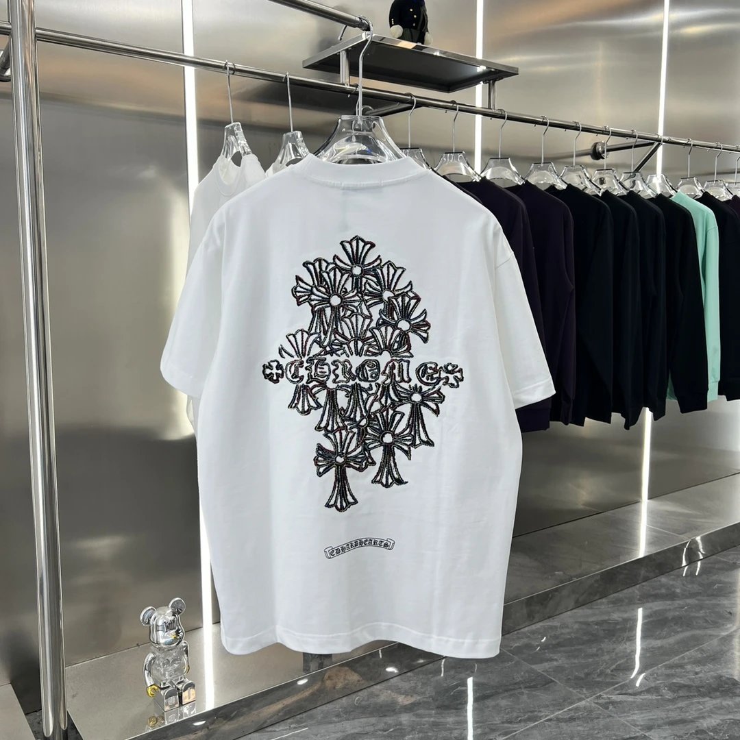 Chrome Hearts T-shirt Embroidery logo Horseshoe Flower Round Neck Short Sleeve Pure Cotton Unisex T Shirt Bottoming Shirt OS Loose Fit T-Shirt