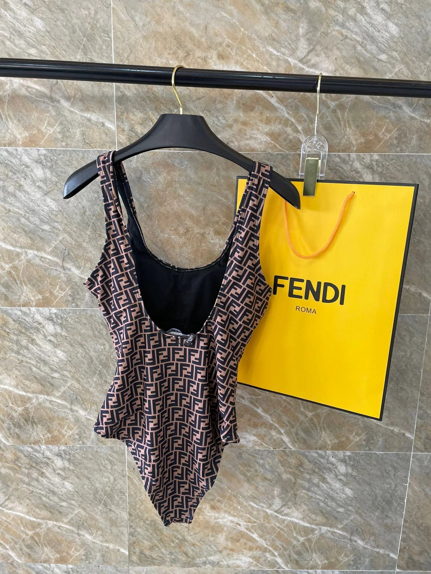 Fendi swimsuit Full Letter Print Jacquard Bikini One-Piece Swimsuit Sexy Small Chest Gathered Beach Pool Vacation Hot Spring Backless White Women's Swimwear