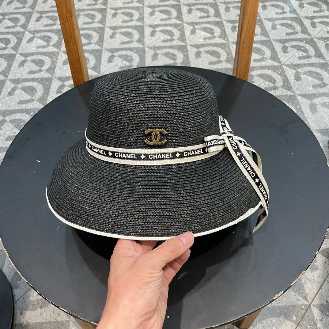 Chanel Hat Casual Sun Hat High Quality Fashion Big Brand Socialite Style Lampshade Billycock,Flat straw hat,Head Circumference57cm Low-Key Luxury Travel Essential
