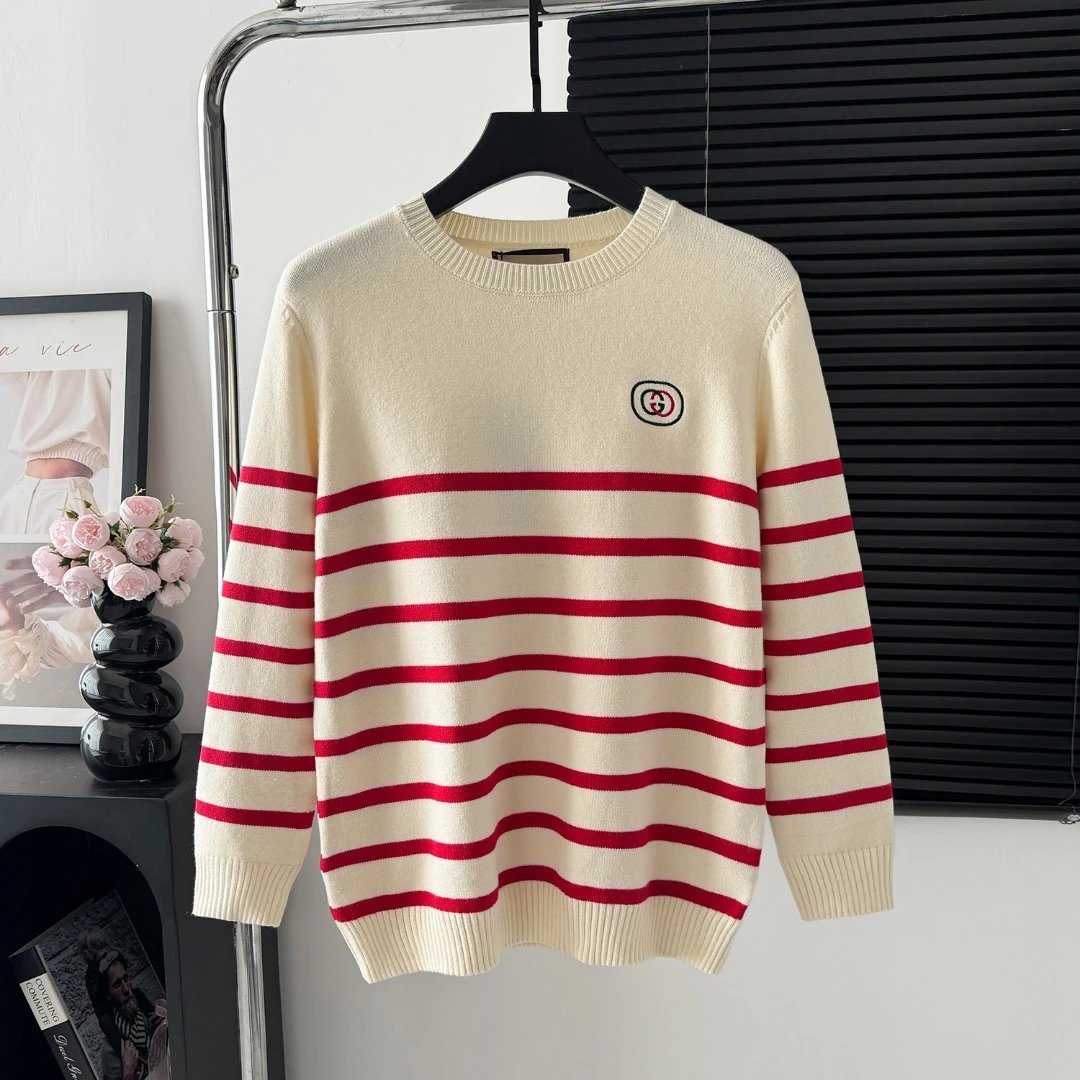 Gucci Sweater Red Apricot Striped Crew Neck Sweater25ss Spring New Thickened Long Sleeve Pullover Unisex OS Loose Fit Top Versatile Casual Jacket Lazy Style