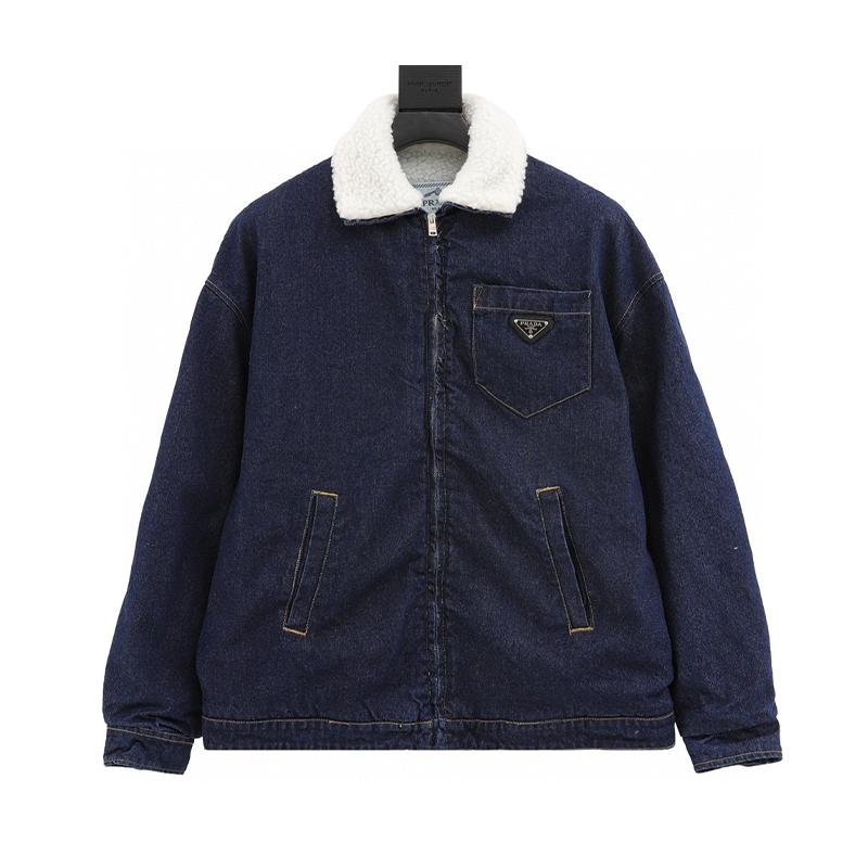 PRADA Jackets Denim Lamb Wool Lapel Jacket Same Style for Men and Women