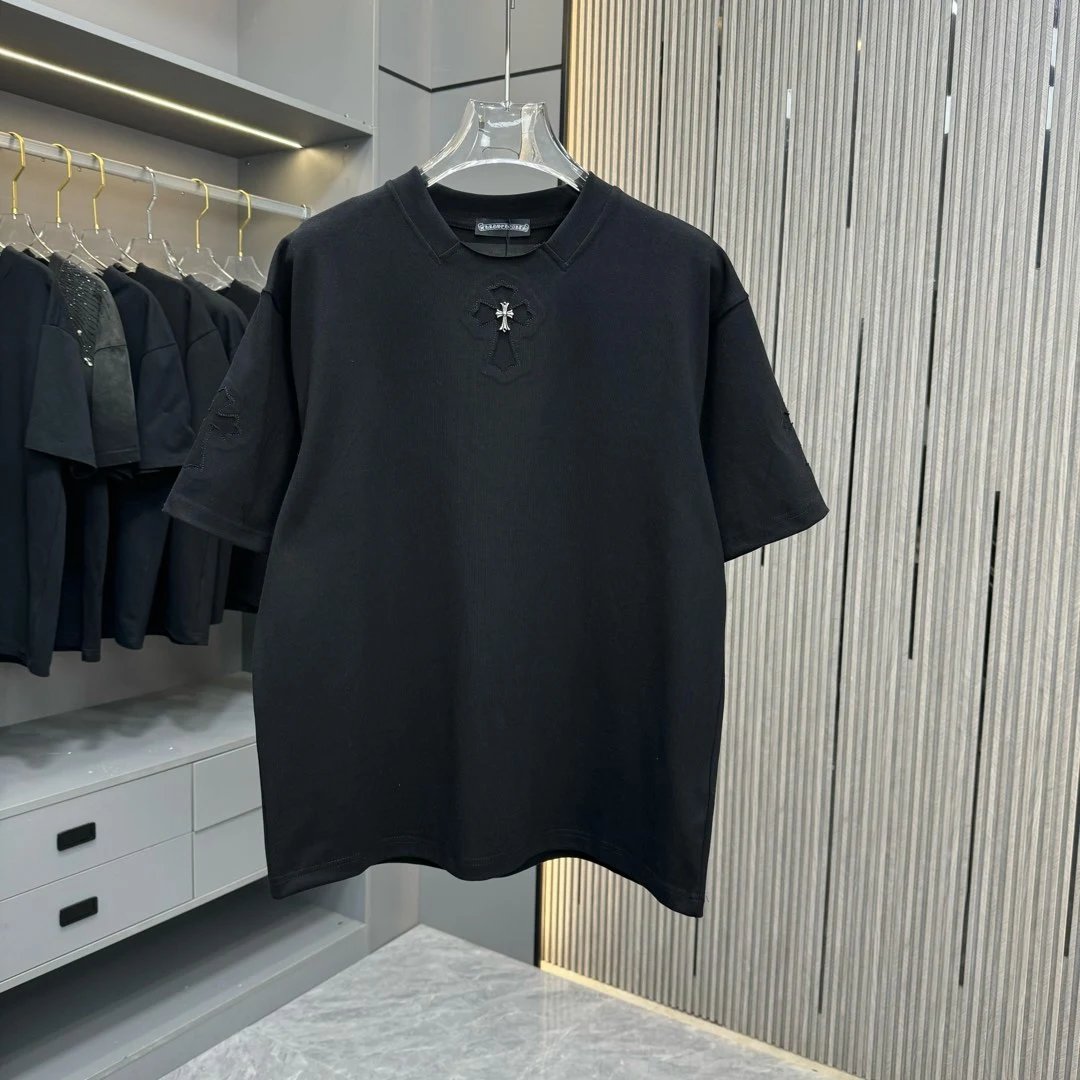 Chrome Hearts T-shirt Front Hollow Embroidery with Hardware logo round Neck Short Sleeve25ss New Pure Cotton Unisex Style T T-shirt OS Loose Fit Base Shirt Top Half Sleeve T-Shirt