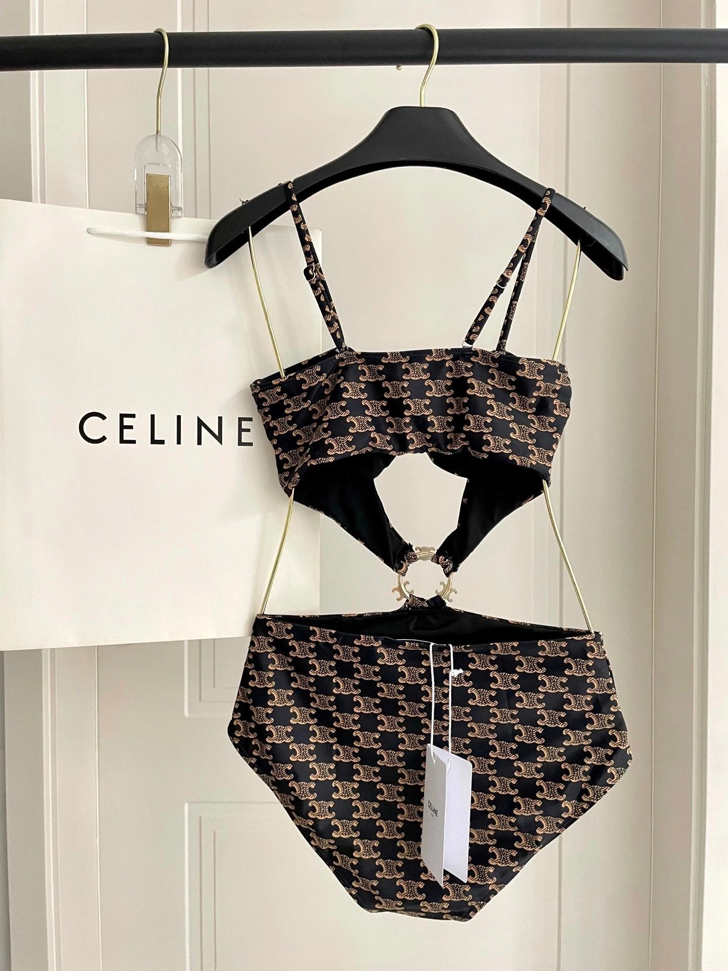 Celine Swimsuit Allover Jacquard logo Bikini One-Piece Swimsuit Sexy Backless White Small Chest Gathered Beach Pool Women's Swimwear Vacation Hot Spring