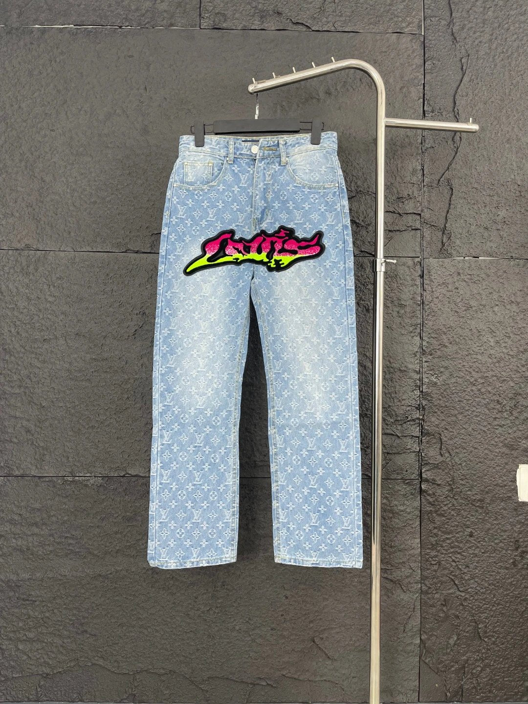 Louis Vuitton LV Jeans Gradient Graffiti Full Print Toothbrush logo25ss Spring Summer New Straight Slim Fit Jeans Unisex Loose Fit Long Pants
