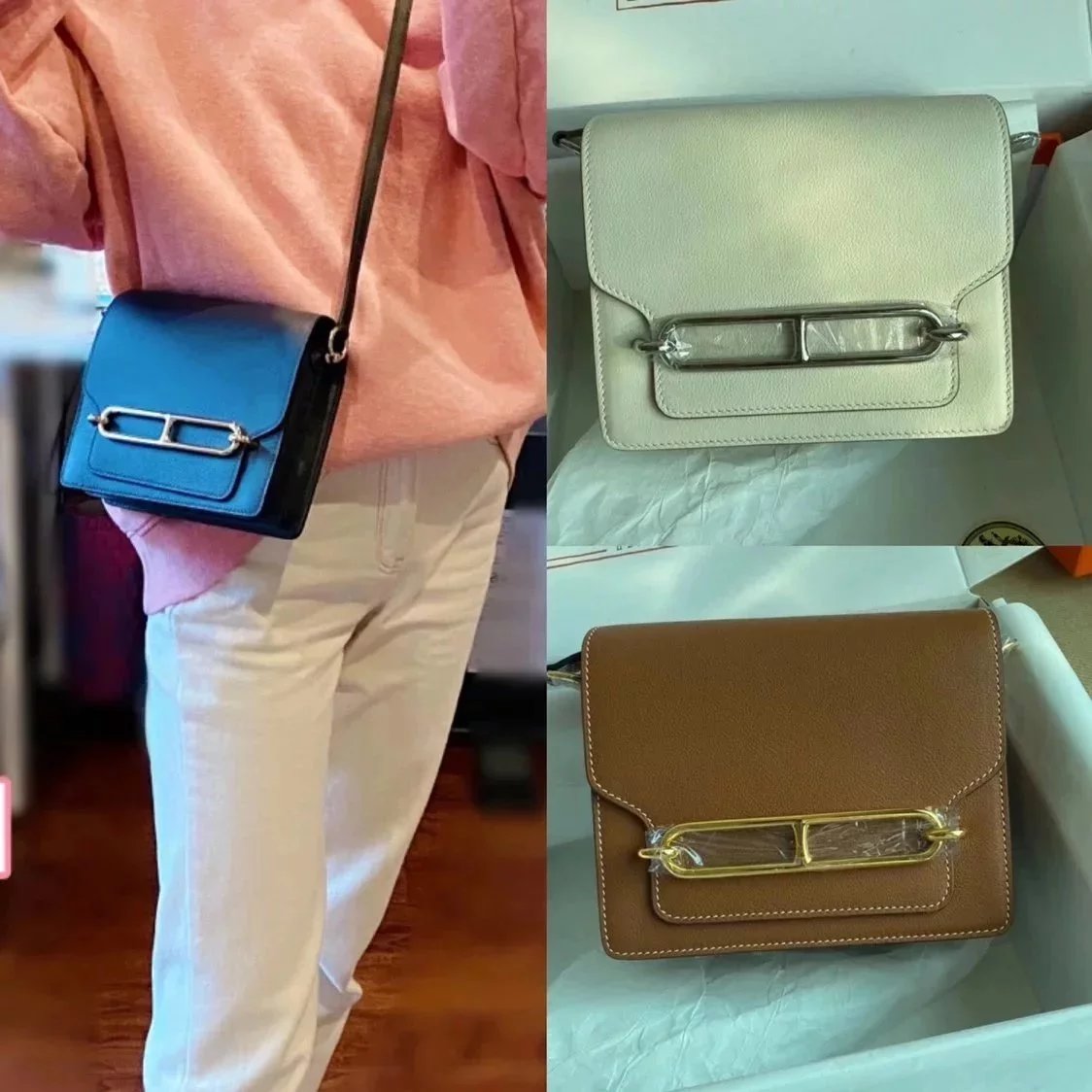 Hermes women's bag Top version Customized Real Shot Small Square Bag Pig Nose Bags Roulis19CMevercolor Leather Pig-Shaped Bun Gold Buckle Silver Buckle Flap Shoulder Messenger Bag Yang Mi Same Style Women Bag