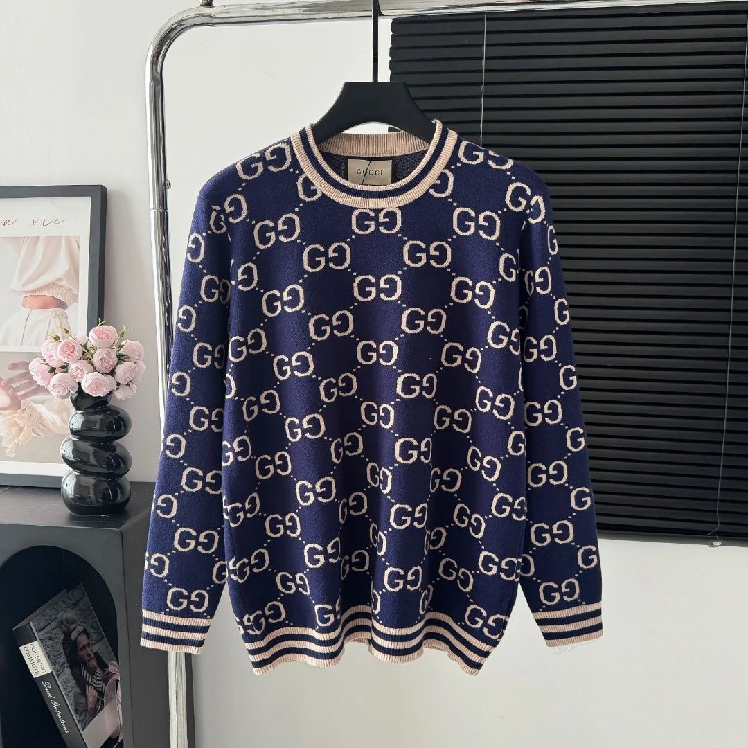 Gucci Sweater Full Print LOGO Color Block Striped Crew Neck Sweater25ss Spring New Thickened Long Sleeve Pullover Unisex OS Loose Fit Top Versatile Casual Jacket Lazy Style