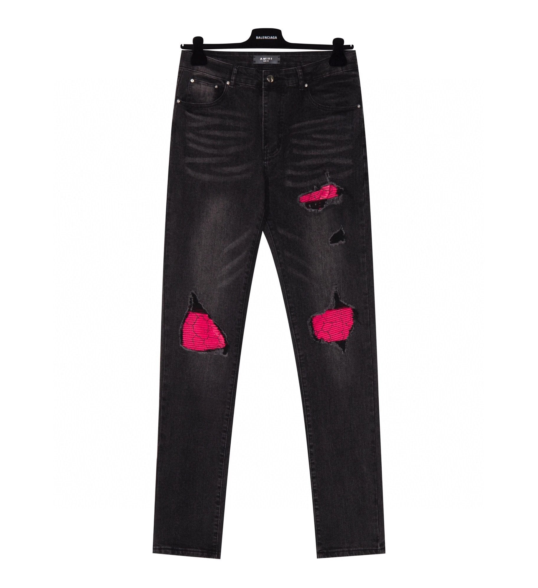 Amiri Jeans Front body pink genuine leather print logo25ss Spring Summer New Straight Slim Fit Jeans Unisex Loose Fit Long Pants