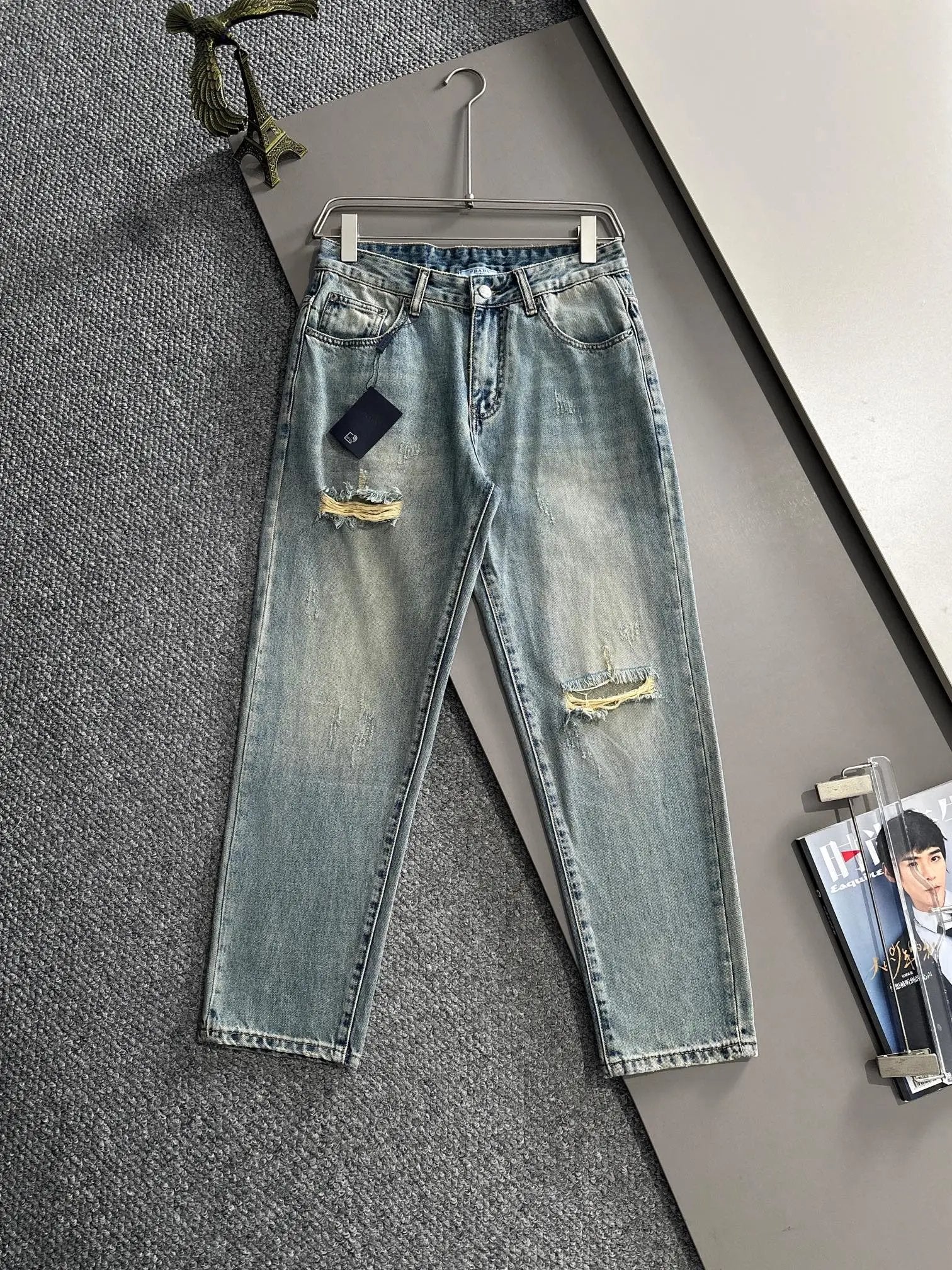 PRADA Jeans Ripped Jeans All-Season Wear Unisex Straight-Leg Long Pants Versatile Casual