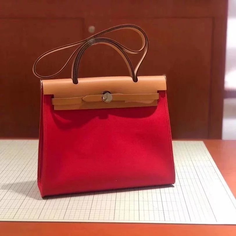 Hermes men's bag Top version 【H Handmade】Canvas Bag herbag31Canvas Stitching Leather One Shoulder Women's Crossbody Handbag Elephant Gray Electric Light Blue