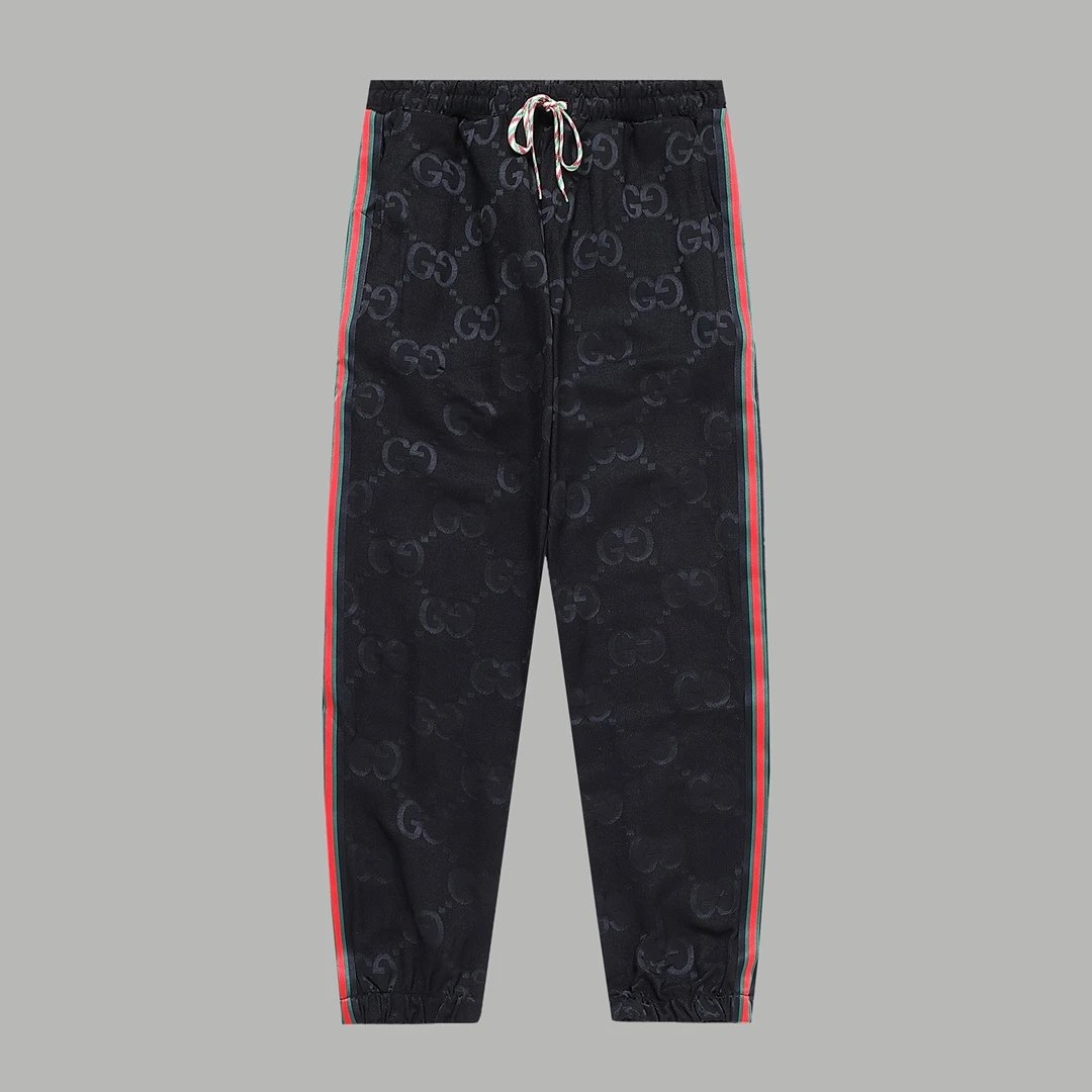 Gucci Sweatpants Black Sateen Full Print Ribbon Jogger Pants G Unisex Casual Autumn Winter New Arrival