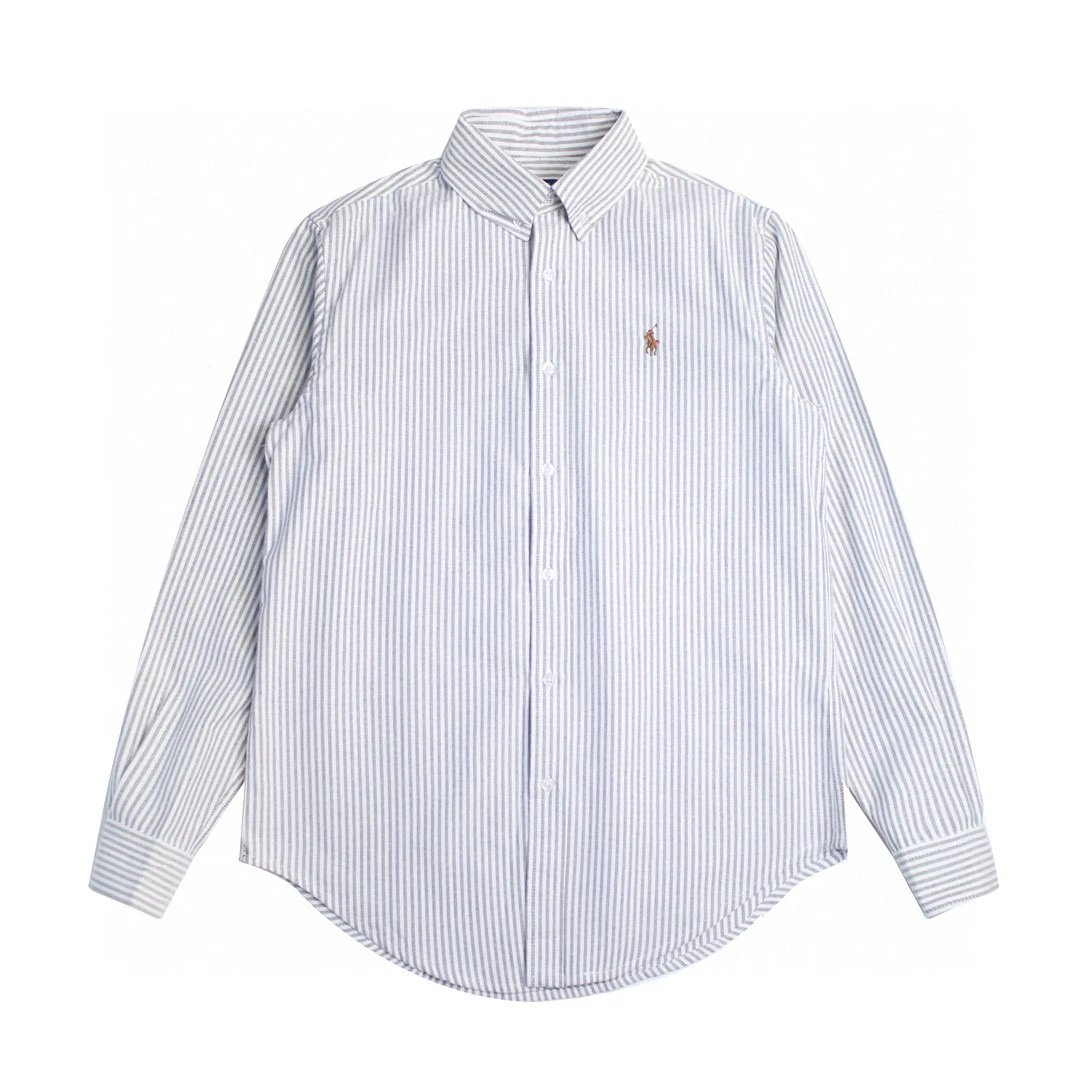 Ralph Lauren Shirt Top Version Standard Oxford Woven Striped Embroidered Breasted Lapel Long Sleeve Casual Shirt for Men and Women
